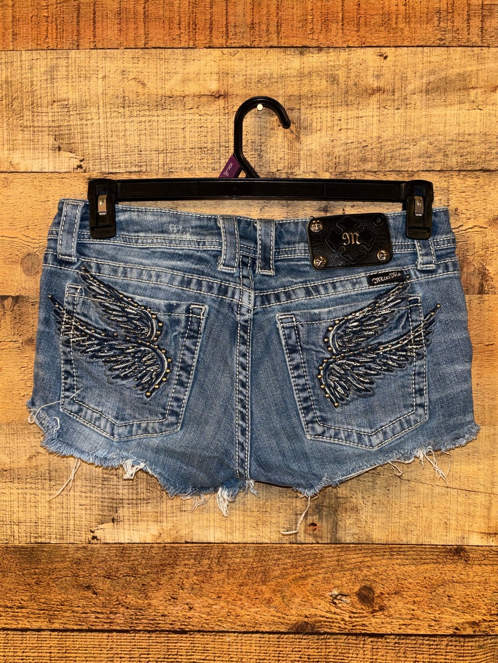 Miss Me Denim Shorts with Wing Embellishments